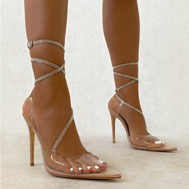 SIMMI Shoes / Royal Nude Patent Clear Diamante Stiletto Court Heels