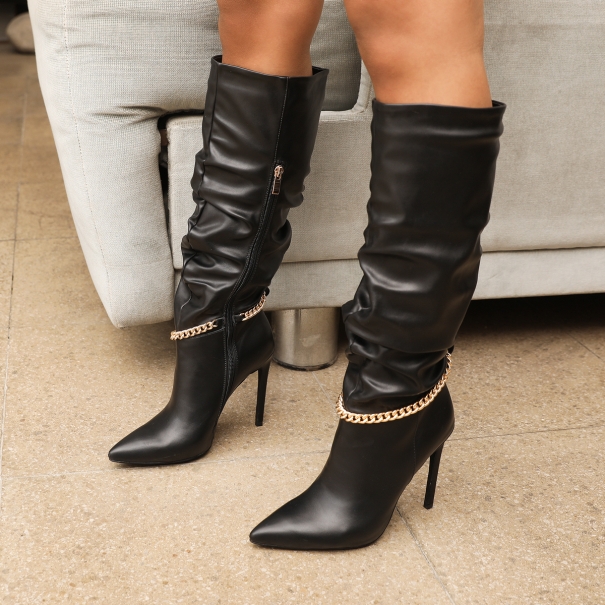 SIMMI SHOES / Rube Black Chain Ruched Stiletto Knee High Boots