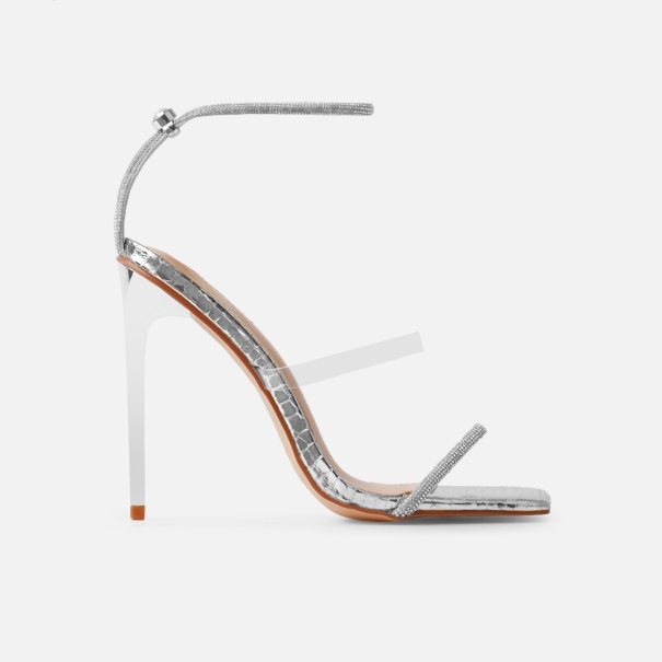 Sammi Silver Faux Snake Print Diamante Toggle Stiletto Heels | SIMMI London
