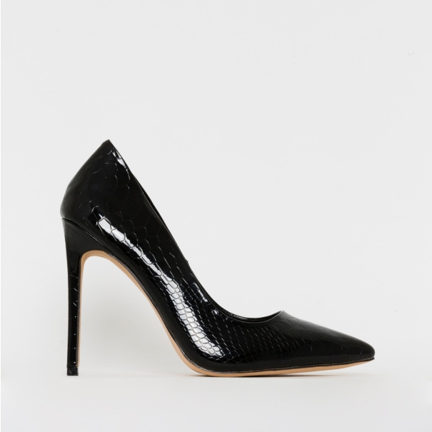 Samia Black Patent Python Print Stiletto Court Shoes