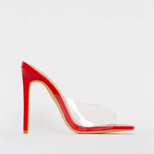 SIMMI SHOES / SOLANA CLEAR RED PATENT PYTHON PRINT STILETTO MULES