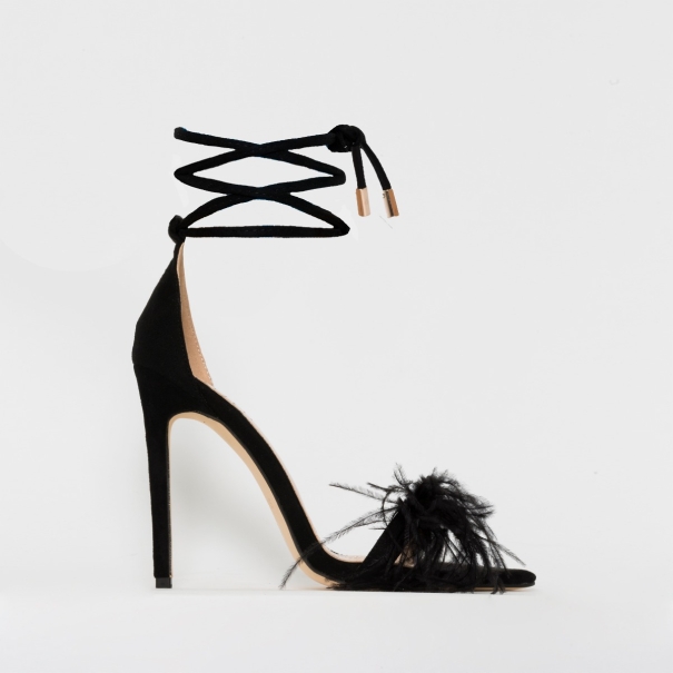 SIMMI SHOES / SCARLET BLACK SUEDE FEATHER LACE UP STILETTO HEELS