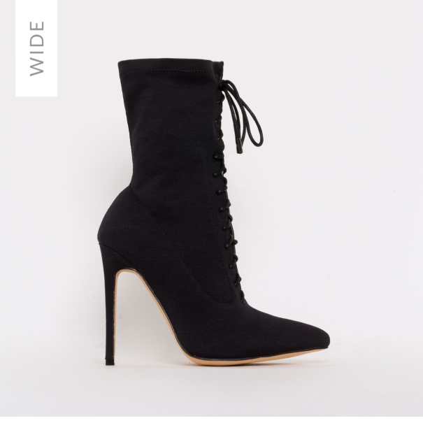 SIMMI SHOES / TYLA WIDE FIT BLACK LYCRA LACE UP STILETTO ANKLE BOOTS