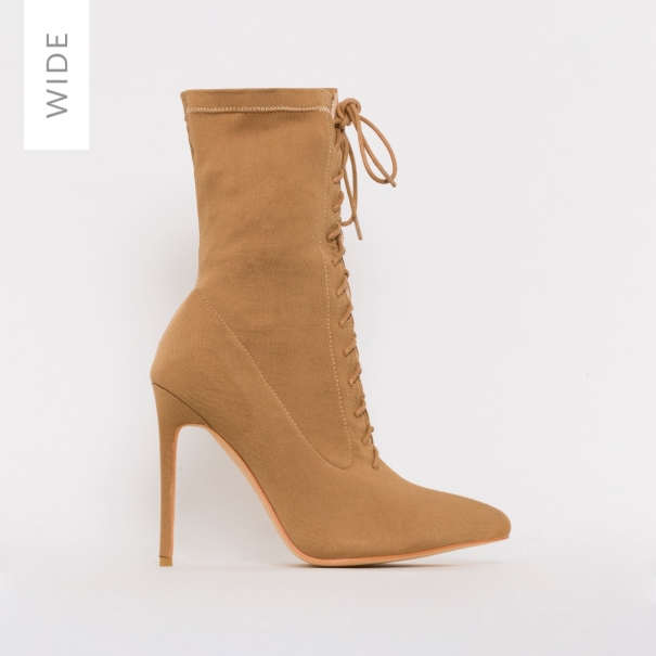 Tyla Wide Fit Nude Lycra Lace Up Stiletto Ankle Boots