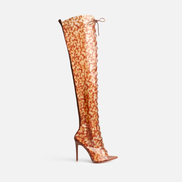 Sylvian Brown Clear Lace Up Thigh High Heeled Boots | SIMMI London