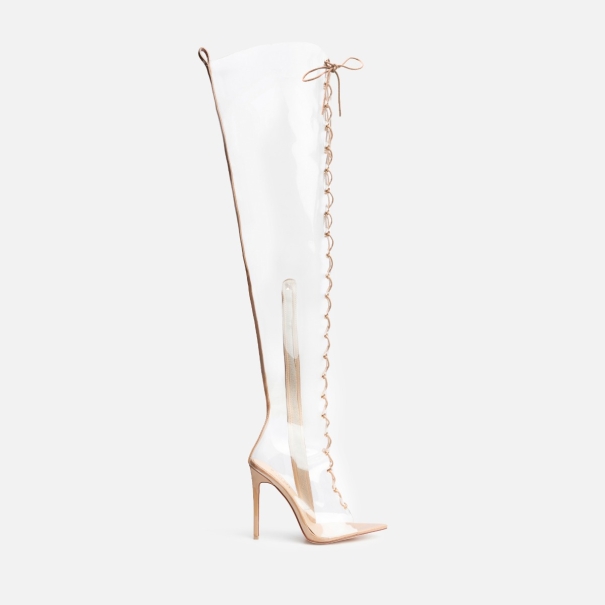 Sylvian Clear Lace Up Thigh High Heeled Boots | SIMMI London