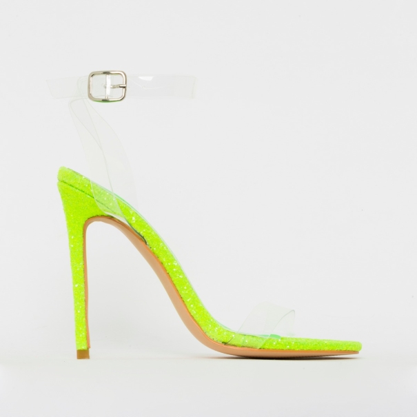 Lola Bright Green Glitter Clear Stiletto Heels