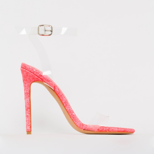 Lola Hot Pink Glitter Clear Lace Up Stiletto Heels