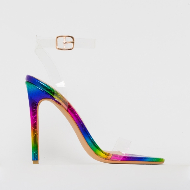 Lola Rainbow Snake Print Clear Stiletto Heels