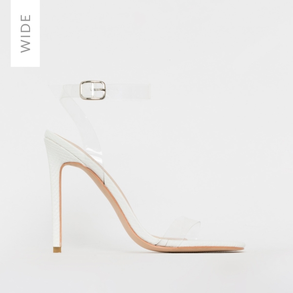 SIMMI SHOES / LOLA WIDE FIT WHITE SNAKE PRINT CLEAR STILETTO HEELS