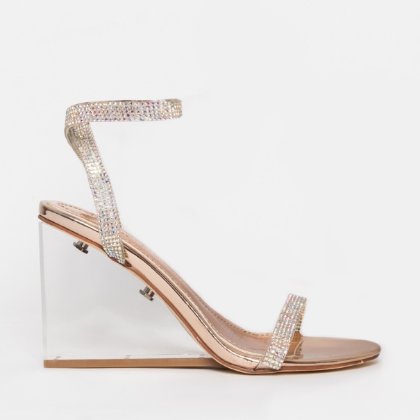 Amalia Rose Gold Diamante Clear Wedge Heels