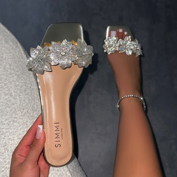 Abbie Gold Mirror Flower Diamante Flat Sandals | SIMMI London