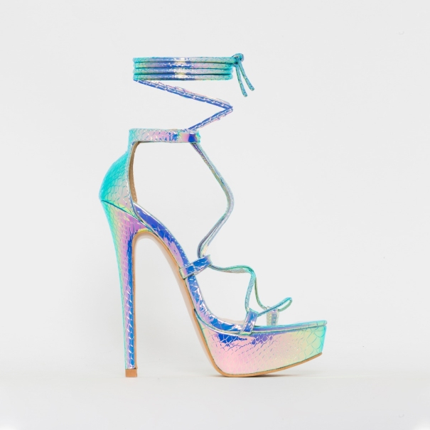 SIMMI SHOES / BETHANY SILVER IRIDESCENT SNAKE PRINT LACE UP PLATFORM HEELS