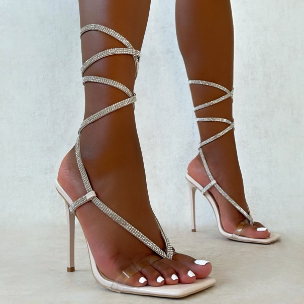 Scarlett Stone Patent Diamante Lace Up Stiletto Heels | SIMMI London