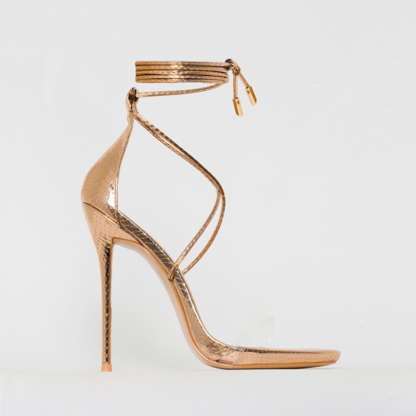 Shania Rose Gold Snake Print Clear Lace Up Stiletto Heels