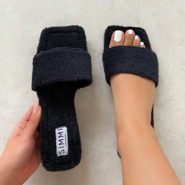 Shanna Black Towel Strap Flat Sandals | SIMMI London