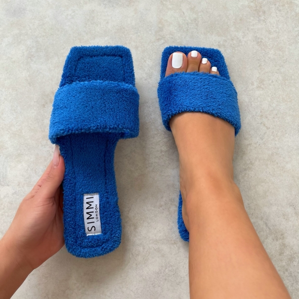 Shanna Cobalt Blue Towel Strap Flat Sandals | SIMMI London