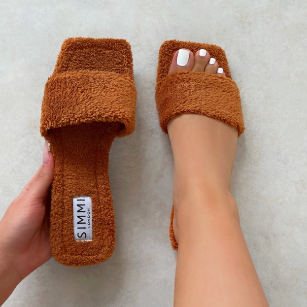 Shanna Tan Towel Strap Flat Sandals | SIMMI London