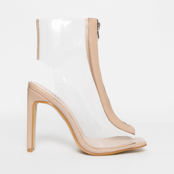 Aisha Nude Patent Clear Zip Ankle Boots