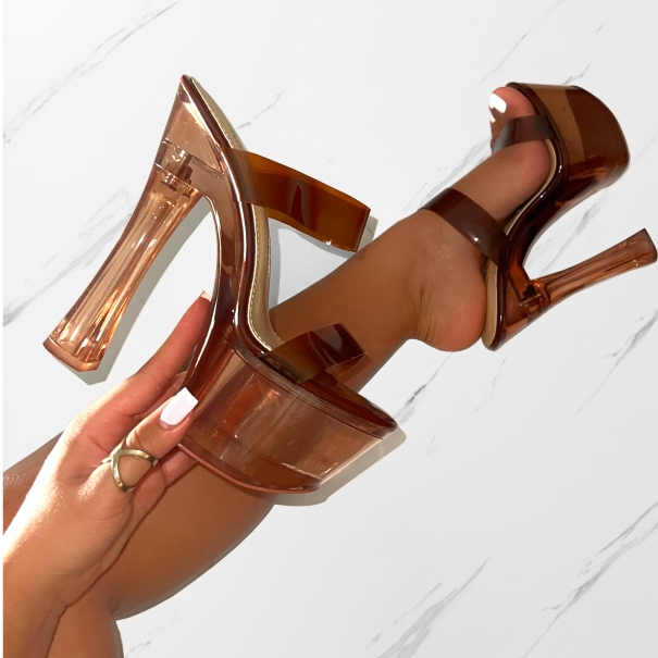 Shelly Chocolate Brown Clear Platform Mules | SIMMI London