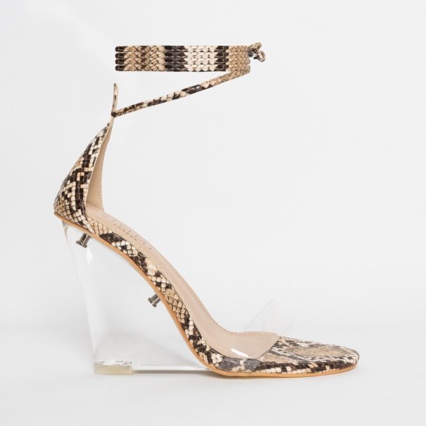 Nelly Beige Snake Clear Lace Up Wedges