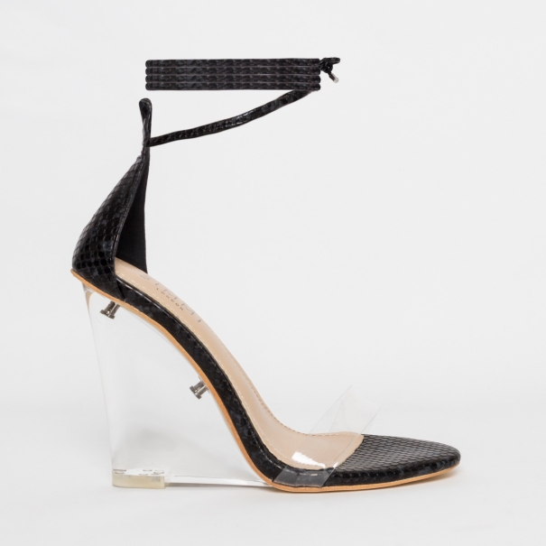 Nelly Black Snake Clear Lace Up Wedges