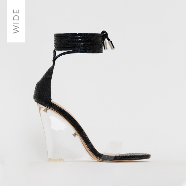 Nelly Wide Fit Black Snake Print Clear Lace Up Wedges
