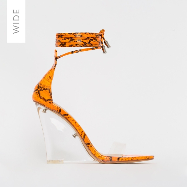 Nelly Wide Fit Orange Patent Snake Print Clear Lace Up Wedges
