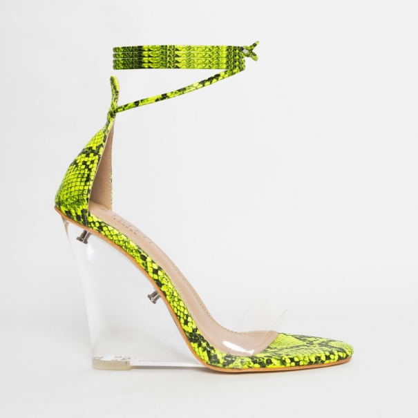 Nelly Neon Yellow Snake Clear Lace Up Wedges