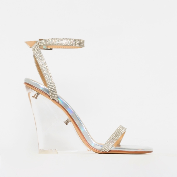 Alesha Silver Iridescent Clear Diamante Wedge Heels