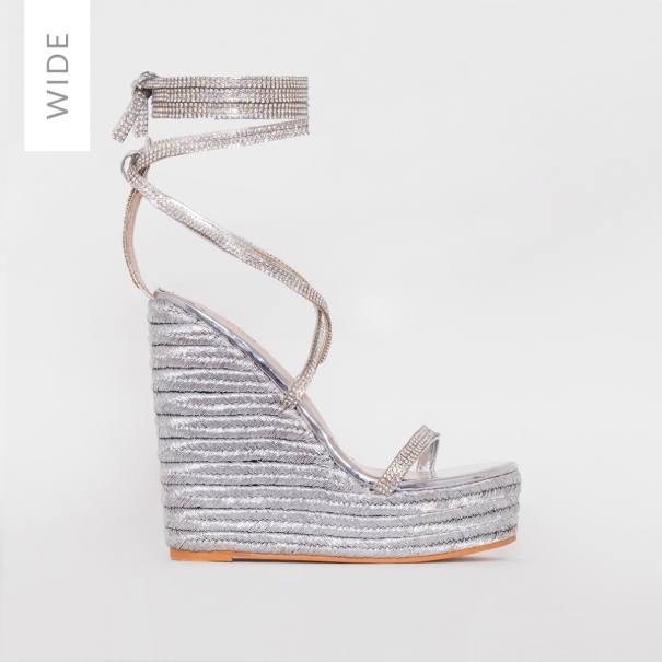 SIMMI SHOES / CIARA WIDE FIT SILVER MIRROR ESPADRILLE WEDGES