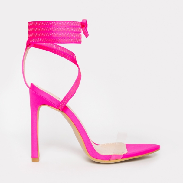Zana Neon Pink Lycra Lace Up Clear Stiletto Heels