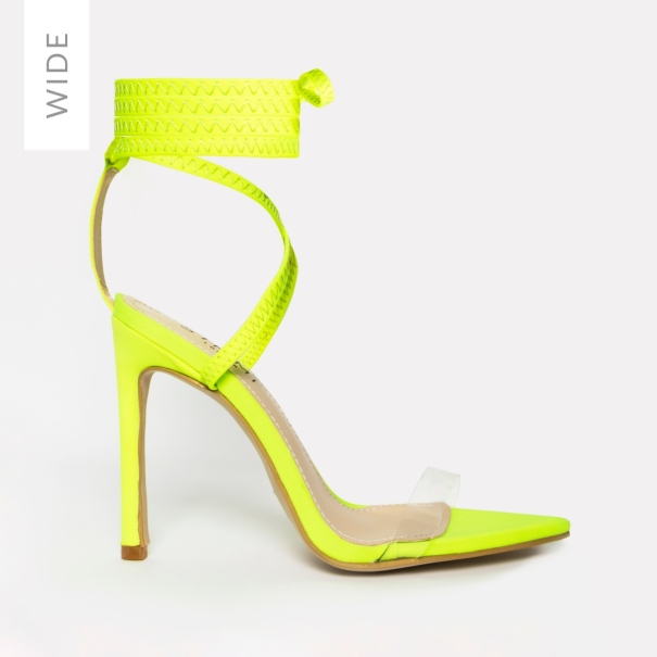 Zana Wide Fit Neon Yellow Lycra Lace Up Clear Stiletto Heels