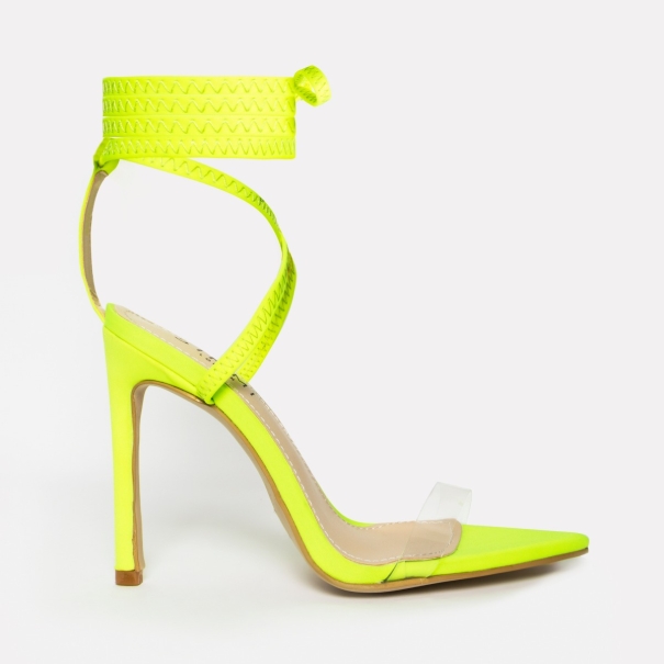 Zana Neon Yellow Lycra Lace Up Clear Stiletto Heels