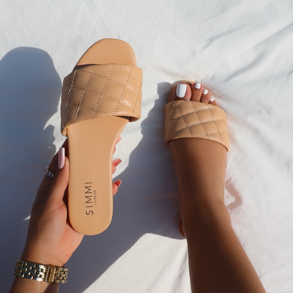 SIMMI SHOES / ANEKA NUDE QUILTED FLAT SLIDERS