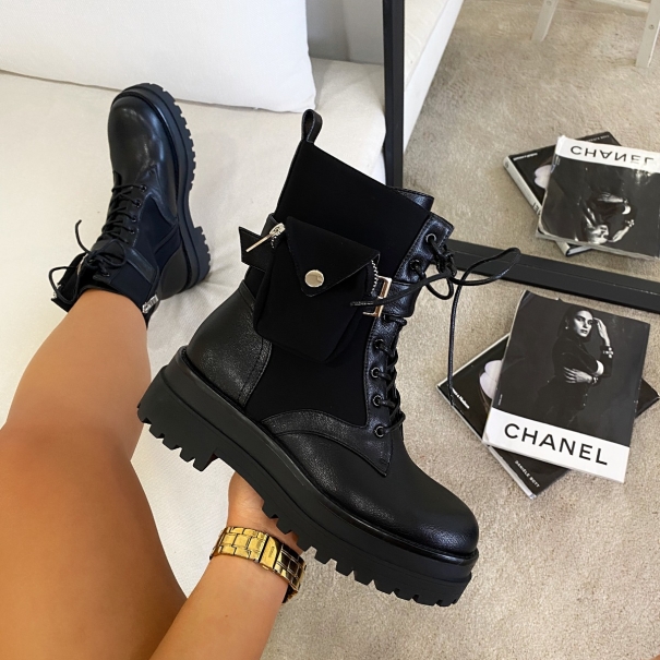 Rayon Black Pocket Chunky Ankle Boots