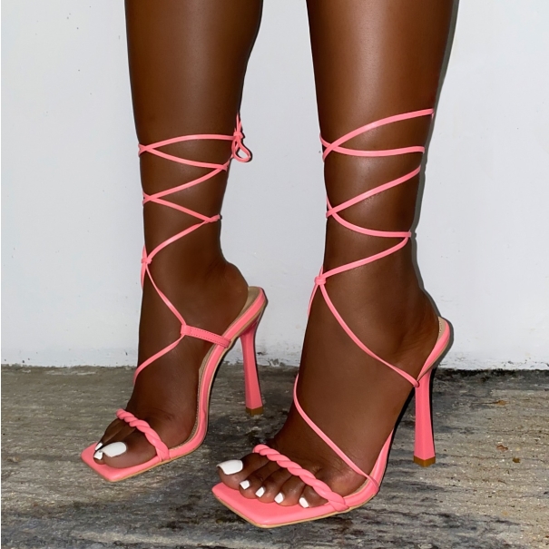 SIMMI SHOES / Clermont Twins Snatched Bright Pink Twist Strap Lace Up Heels
