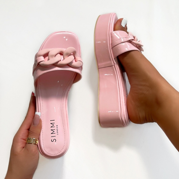 SIMMI Shoes / Soda Pink Patent Chain Detail Flatform Sandals