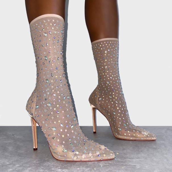 Sparki Nude Mesh Diamante Stiletto Heels | SIMMI London
