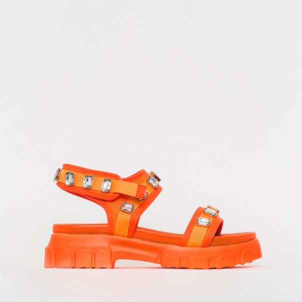 Deesha Orange Mesh Gem Chunky Sandals
