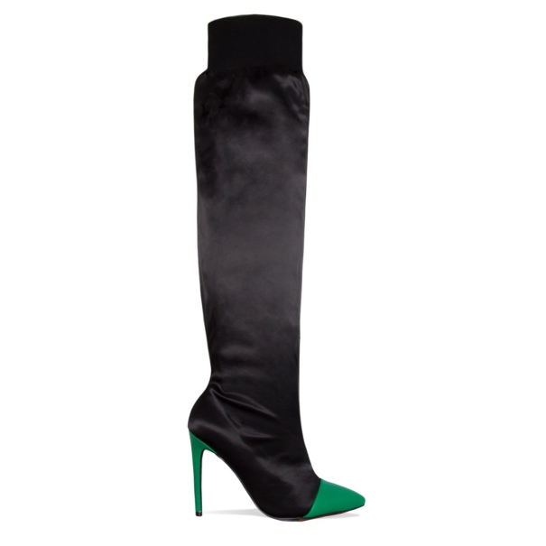 Sena Black and Green Satin Thigh High Boots