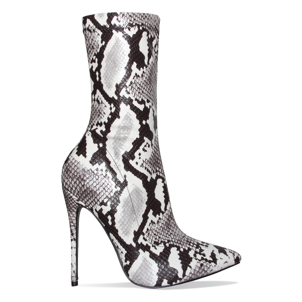 Jadah Black and White Snake Pointed Toe Ankle Boots