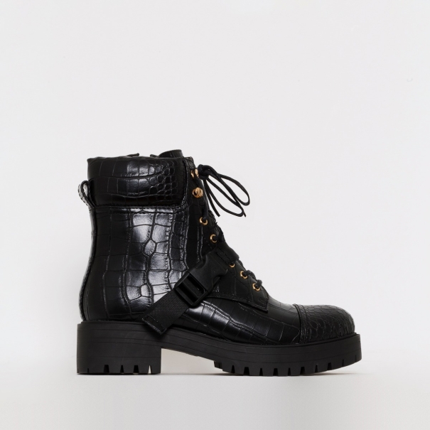 Tamsin Black Croc Print Lace Up Flat Ankle Boots