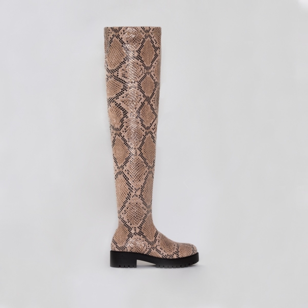 Tamia Beige Snake Print Flat Over the Knee Boots