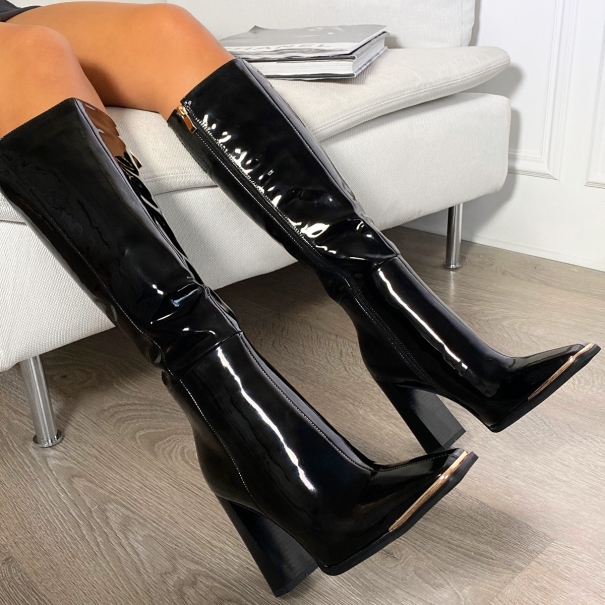 SIMMI SHOES / Tahlia Black Patent Metal Toe Cap Knee Boots
