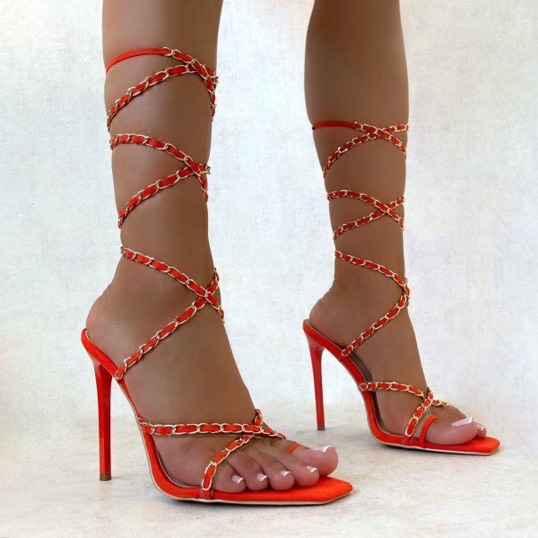 Talisha Orange Faux Suede Chain Lace Up Stiletto Heels | SIMMI London
