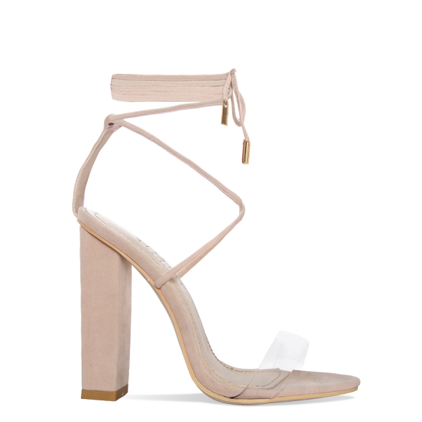 Tifany Nude Suede Clear Lace Up Block Heels