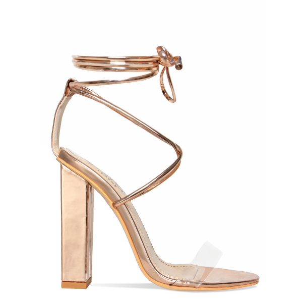 SIMMI SHOES / TIFANY ROSE GOLD CLEAR LACE UP BLOCK HEELS