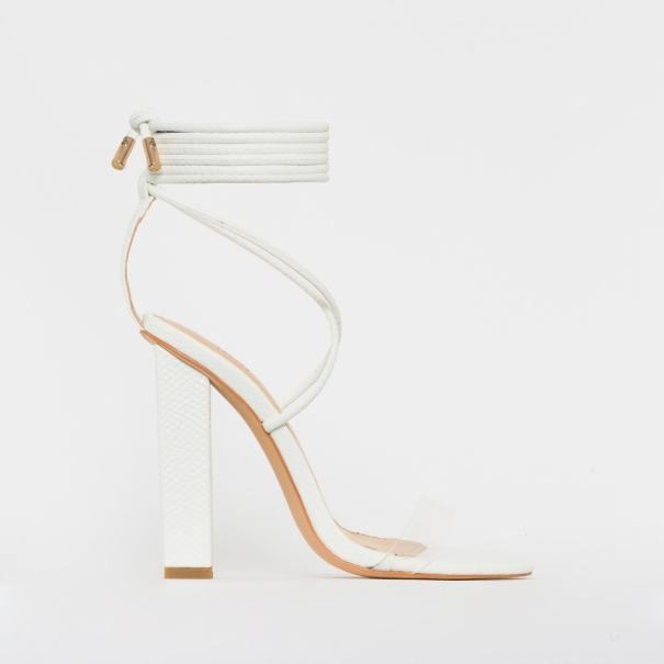 SIMMI SHOES / TIFANY WHITE SNAKE CLEAR LACE UP BLOCK HEELS