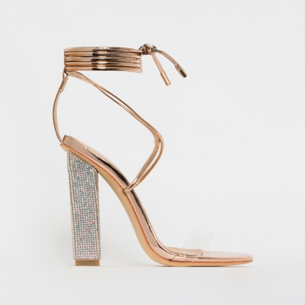 SIMMI SHOES / KARLA ROSE GOLD CLEAR LACE UP DIAMANTE HEELS